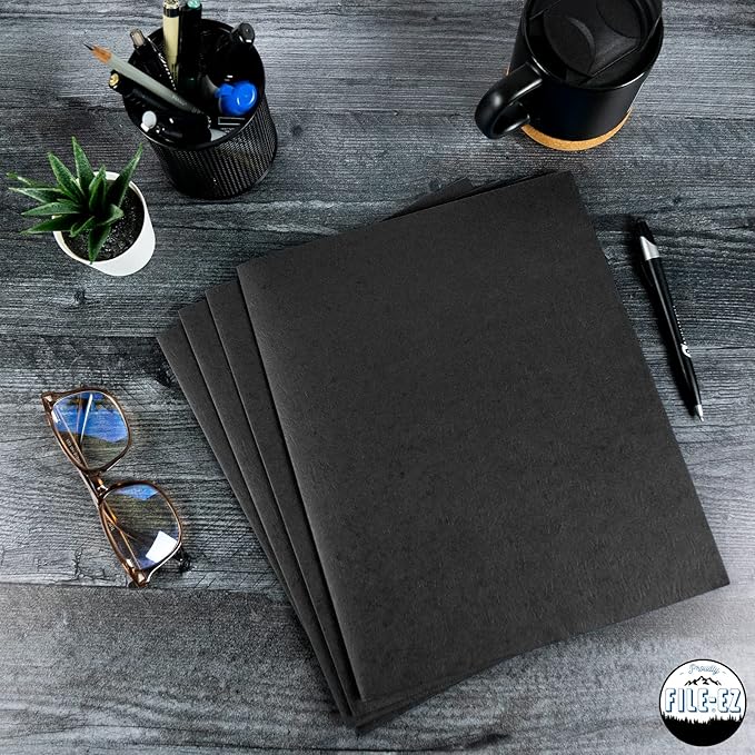 FILE-EZ Two-Pocket Folders, Black, 125-Pack, Textured Paper, Letter Size (EZ-32405)