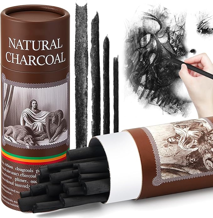 Gueevin 24 Pcs Willow Charcoal Sticks, Willow Charcoal, Artists, Beginners, Students, Perfect for Sketching, Drawing, Shading, and Fine Art (2-4mm，4-5mm，5-7mm，7-9mm)