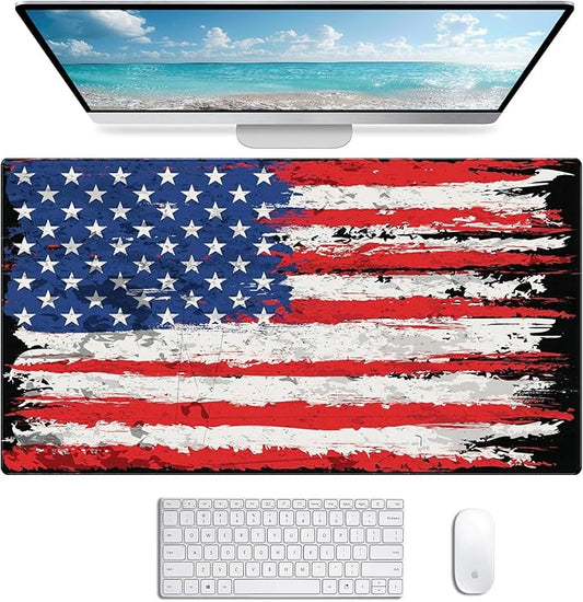 Oversized American Flag Computer Desk Pad, Non Slip Keyboard Pad, Custom Thick Seam Edge Office and Home Mouse Pad 35.4 x 15.7 Inches