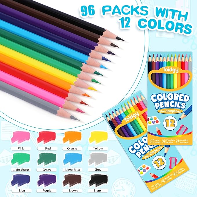 1152 Count Colored Pencils Bulk, 96 Packs Colored Pencils for Kids 12 Colors, Pre-sharpened Coloring Pencils for Adults, Bulk School Supplies for Teachers, Back to School Supplies, Classroom Prizes