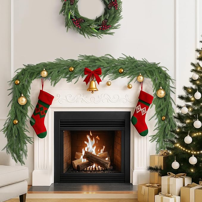 12FT(2 * 6FT) Christmas Norfolk Pine Garlands, Winter Decor Real Touch Pine Garland, Artificial Greenery Xmas Garland for Holiday, Table, Wall, Fireplace, Mantel, Indoor & Outdoor Decoration (2 Pack)