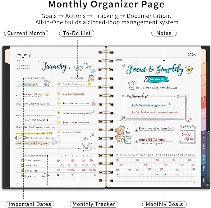 RETTACY 2026-2027 Monthly Planner, Jan 2026 - Dec 2027, Medium Size (5.7" x 8.3"), Agenda, Calendar, 24 Month Tabs, Flexible Plastic Cover, 100 GSM Thick Paper, Spiral-bound (Black)