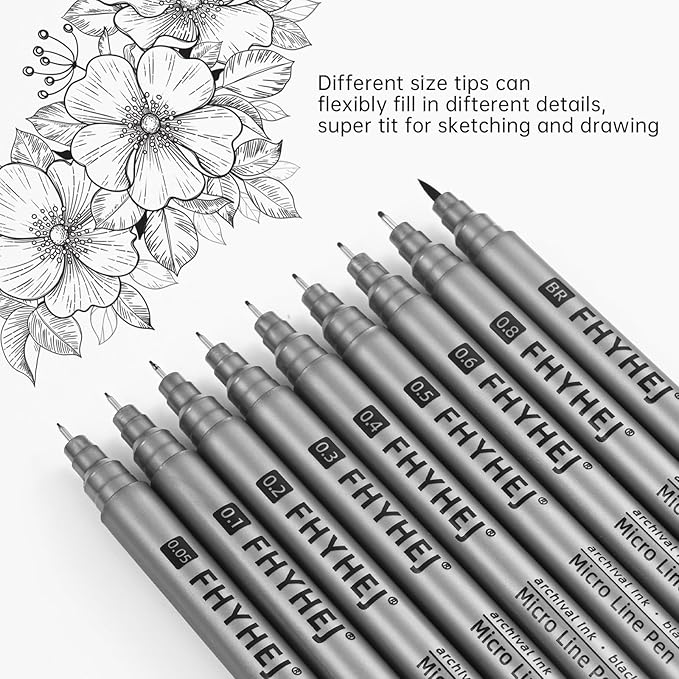 Micro Fineliner Drawing Art Pens: 9 Black Fine Line Ink Set Artist Supplies Archival Inking Markers Liner Professional Sketch Outline Anime Sketching Artist Illustration Watercolor