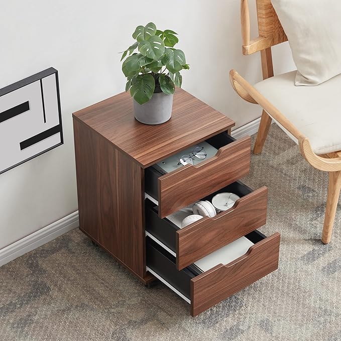 Farini 3-Drawer Vertical Filing Cabinet Rolling Wood Mobile File Cabinets Under Desk for Home Office with Casters (Brown Walnut, Non-Assembled)