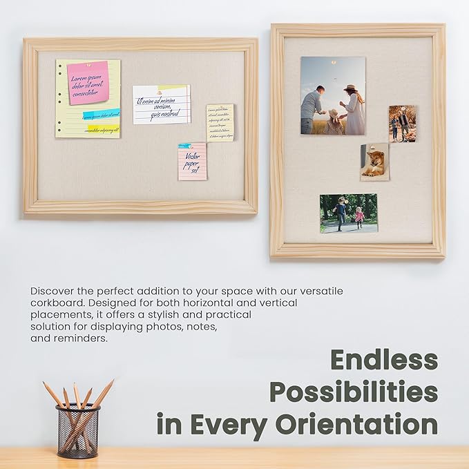 Bulletin Board Cork Board with Linen, 100% Wood Framed 18" x 24" Bulletin Board Decorations, Pin Boards for Walls, Wall Mounted Fabric Picture Board with 10 Pushpins for School, Home & Office, Natural