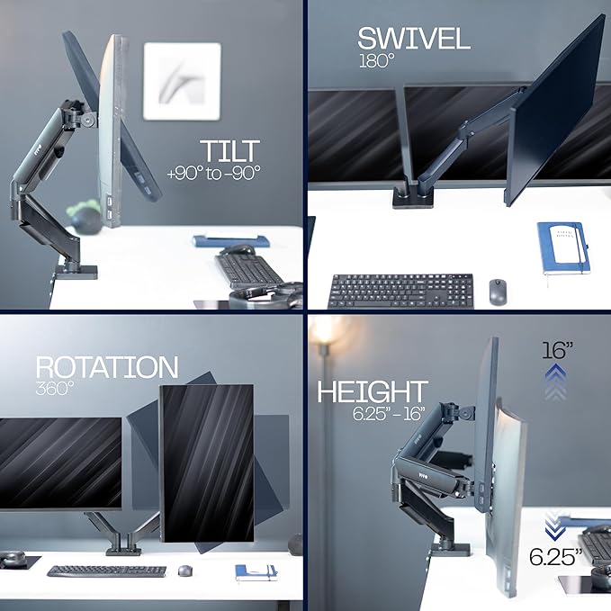 VIVO Dual Monitor up to 32 inches and 19.8 lbs per Screen, Pneumatic Arm Desk Mount, Articulating Counterbalance, VESA Stand, Classic, STAND-V002O