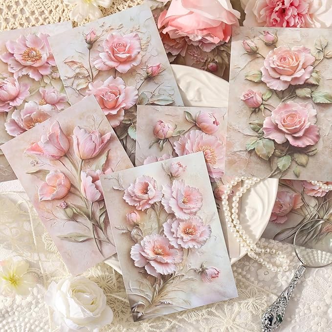 60 Sheets Aesthetic Relief Scrapbook Paper Kit, Vintage Flower Embossed Textured Decorative Collage Paper for Junk Journaling, Scrapbooking, Crafting, DIY Projects, Diaries, and Art Supplies