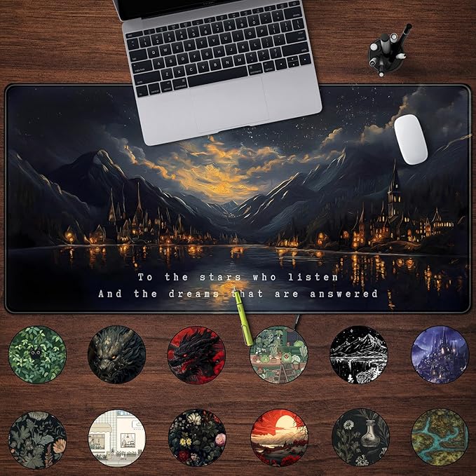 Starry Night Mountain Desk Pad Mat Moon Oil Painting XXL Black Mouse Pad for Gaming Deskpad, Aesthetic Moon and Stars Mousepad Xxl for Laptop Computer Mouse Game Keyboard Mat, 31.5 X 15.8 In
