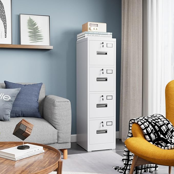 4 Drawer File Cabinet, Metal Vertical Office Filing Cabinet with 4 Drawers, Name Card Holder for A4 Letter/Legal Size, Assembly Required