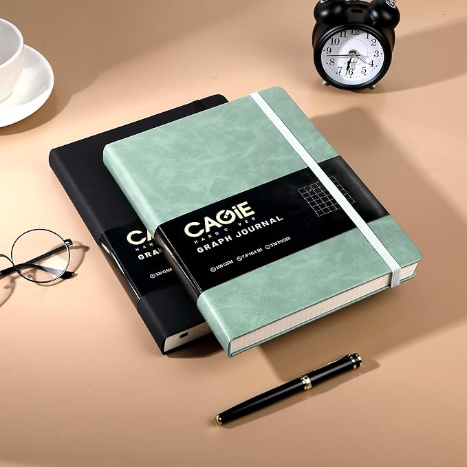 CAGIE Graph Notebook 320 Pages 100 GSM Paper Graphing Grid Journal B5 Hardcover Leather Quad Ruled Notebooks for Engineering, Math, Work, Green