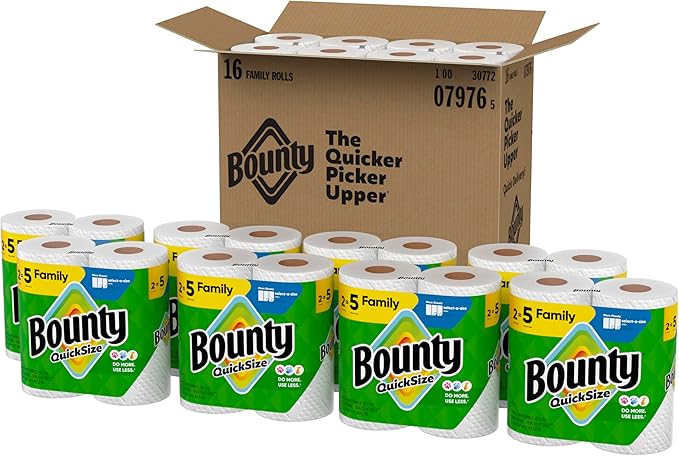 Bounty Paper Towels Quick Size, White, 16 Family Rolls = 40 Regular Rolls