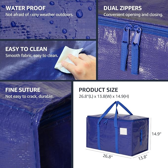 Moving Bags Heavy Duty Extra Large, Moving Boxes, Moving Supplies Essentials, Blue Storage Bins with Lids, Plastic Packing Totes, Storage Bags for Clothes with Handles & Zippers(Blue, 6 Pack)