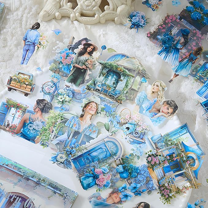 Snycler Blue Garden Series Sticker Book - 20 Sheets Vintage PET Stickers for Scrapbooking, Junk Journaling, Ephemera, and Decorative Crafts - Pre-Cut Urban Design Stickers