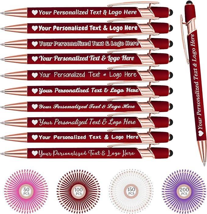 STREADVE Personalized Custom Pens 10 Engraved Writing Pen with Name Logo, Customized Promotional Items Stylus Pen Gifts for Communion Wedding Men Women Realtor Business, Deep Red