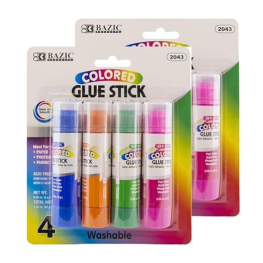 BAZIC Products Washable Colored Glue Stick 8g/0.28 Oz, All Purpose Acid Glue Sticks for Kids Photos Paper Kids at School Home Office (4/Pack), 2-Pack
