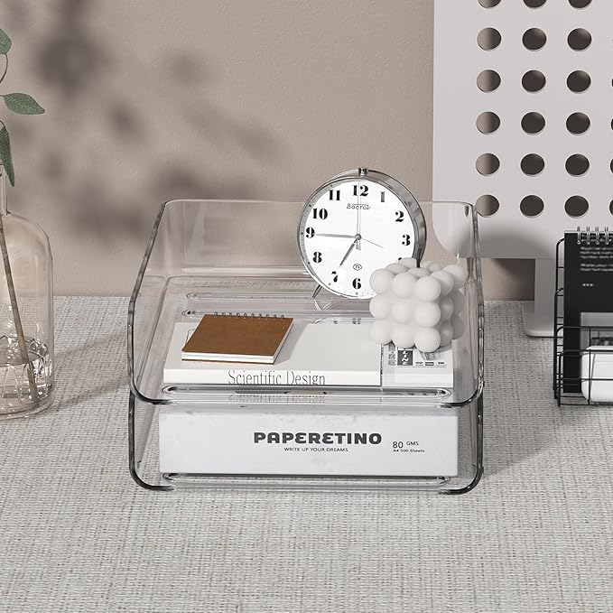2-Tier Acrylic Paper Tray Organizer - Low-Profile Desk File Sorter for Office/Home, Clear Stackable Letter Tray for Bills, Crafts, Notebooks