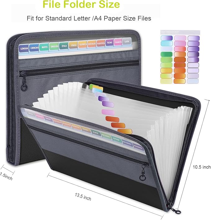 MEGREZ Expanding File Folder with 13 Pockets, A4 Paper File Folder with Zipper Color Labels, Waterproof Accordion File Folder Organizer for Home Office, Black