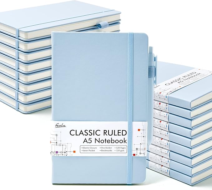 feela 18 Pack Journal Notebook for Work, Business Notebook Bulk Hardcover Lined Writing Journal with Pen Holder for Men Women Note Taking, with 18 Black Pens, 120 GSM, 5.1”x8.3”, A5, Light Blue