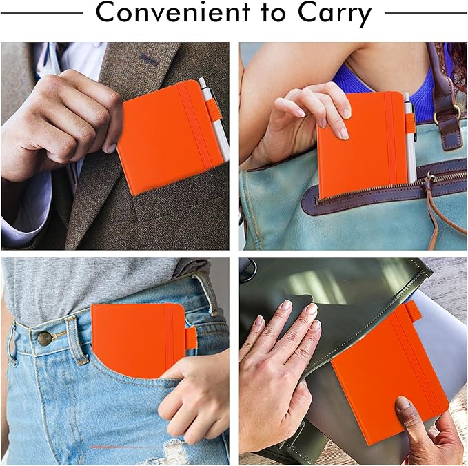 feela 15 Pack Pocket Small Notebooks Bulk, Mini Cute Notepads Hardcover College Ruled Lined Journals with Pen Holder for School Business Memos, with 15 Black Pens, 3.5”x 5.5”, A6, Orange
