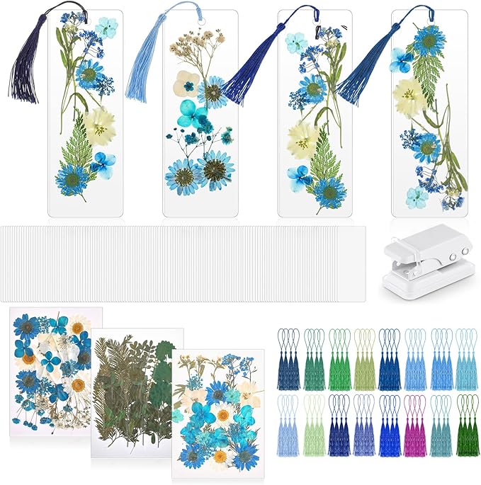 150 Pcs DIY Pressed Dried Flower Bookmark Making Kit, DIY Bookmark Bulk Thanksgiving Teacher Gifts for Reading Women Book Lovers(2 x 6 Inch,Blue Color)
