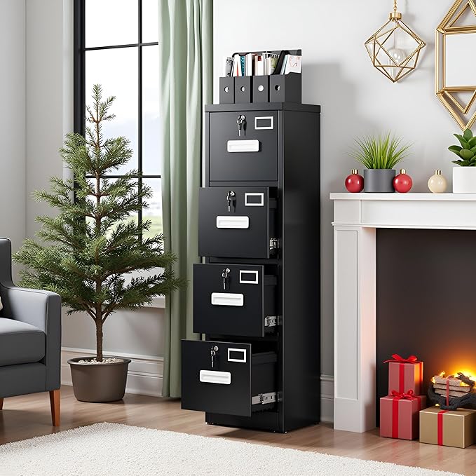 SUXXAN 4 Drawer File Cabinet, Metal Vertical Black Filing Cabinets with Locks Name Card Holder for Home Office, Assembly Required