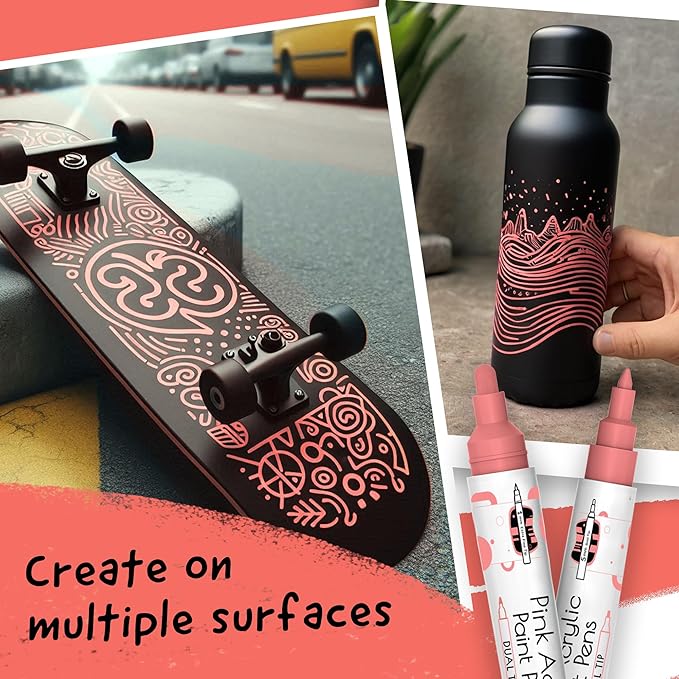 4 Dual Tip Pink Paint Pen Metallic - Fine Tip & Medium Acrylic Paint Markers - Pink Marker for Metal, Wood, Rock Painting, Canvas, Ceramic, Glass, Fabric, Leaf and Plastic - Water-based Ink