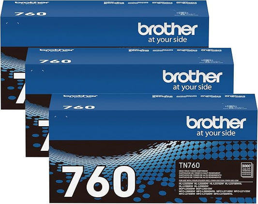 Brother Genuine TN760 High Yield Black Toner Cartridge, (for use with MFC-L2710DW MFC-L2750DW HL-L2350DW HL-L2370DW HL-L2395DW HL-L2390DW DCP-L2550DW Printers) (Pack of 3)