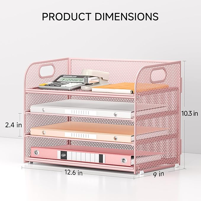 4-Tier Paper Organizer for Desk With Handle, Mesh Desktop File Tray, Office Classroom Organization and Storage - Pink