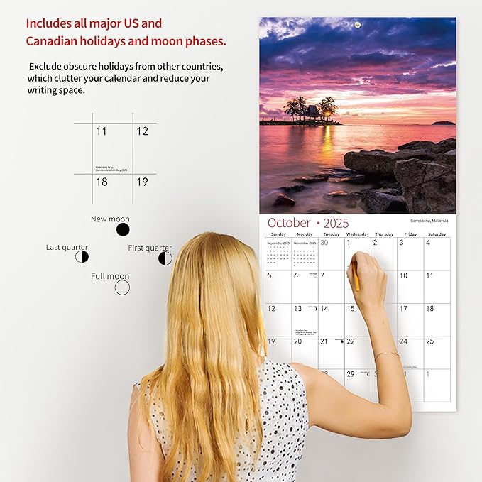 2025 Wall Calendar,Calendar 2026, July 2025 - June 2026, Wall Calendar BEACHES, 12" x 24" Opened,Full Page Months Thick & Sturdy Paper for Calendar Organizing & Planning