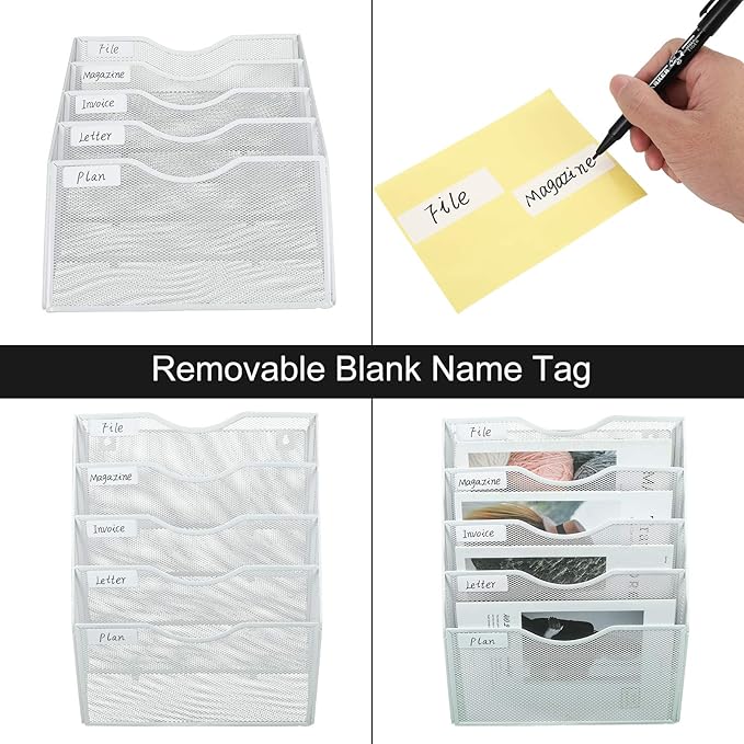 PAG Hanging Wall File Holder Mail Organizer Wall Mount Document Letter Rack, 5-Tier, White