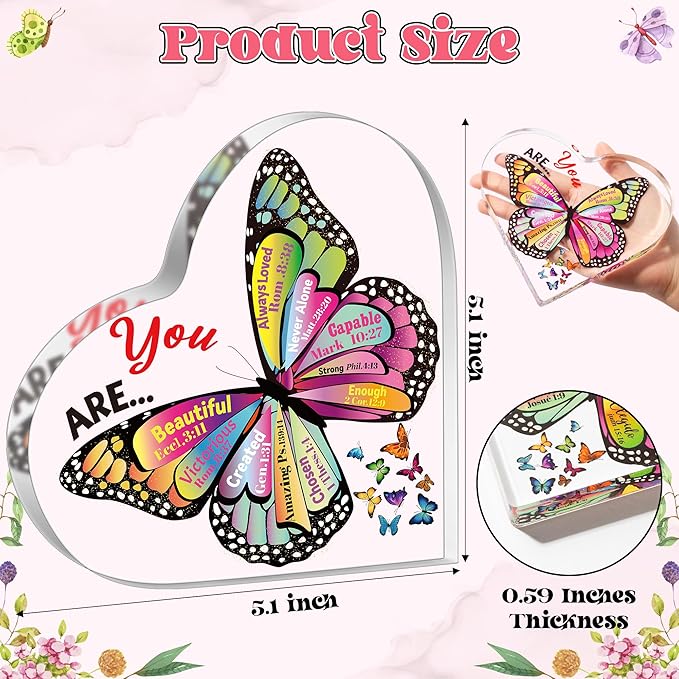 Yopyame Christian Heart Acrylic Gifts - Religious Inspirational Acrylic Sign with Bible Verses Butterfly Prayer Scripture Keepsake Paperweight for Women Men Birthday Christmas Home Office Table Shelf