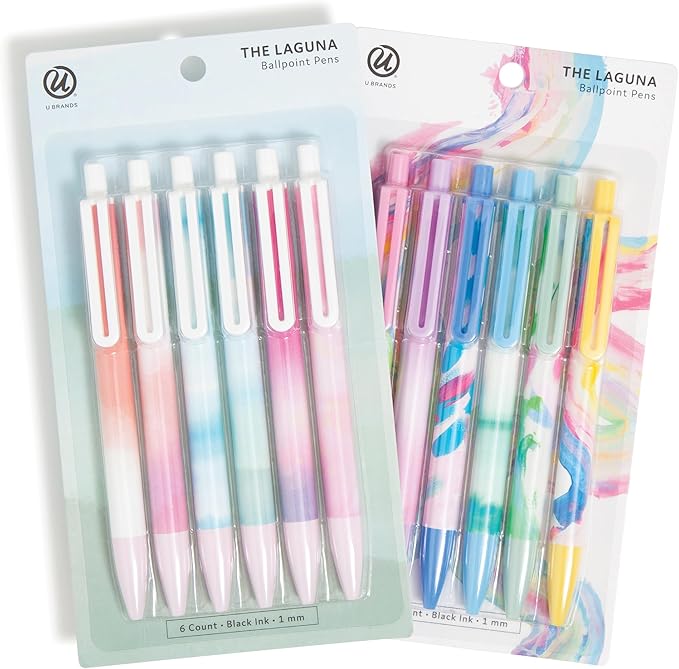 U Brands Laguna Ballpoint Pens, Set of 12, Wavy Paint, Bold (1.0mm) Point, Black Ink