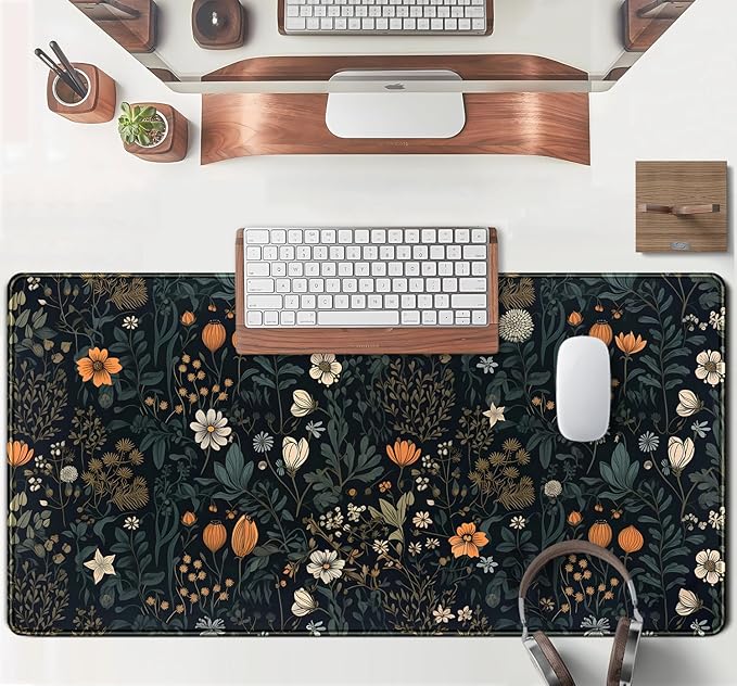 Cute Dark Floral Desk Mat Vintage Flowers Plant Mouse Pad XXL Large Extended Gaming Mousepad Women Office Decor Desk Pad, Big Laptop Computer Keyboard and Mouse Mat with Stitched Edges, 31.5x15.7 in
