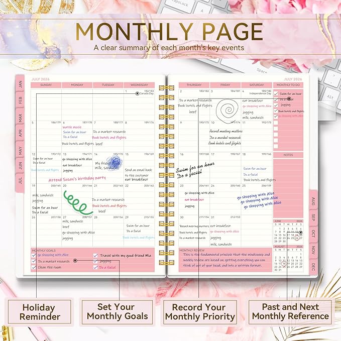 2026 Weekly and Monthly Planner, AIMPEAK 2026 Weekly Planner with Tabs, Jan. 2026 - Dec. 2027, Calendar Planner for Women, Pen Loop, Flexible Cover，Spiral Binding, Pink Marble, 10"x7"