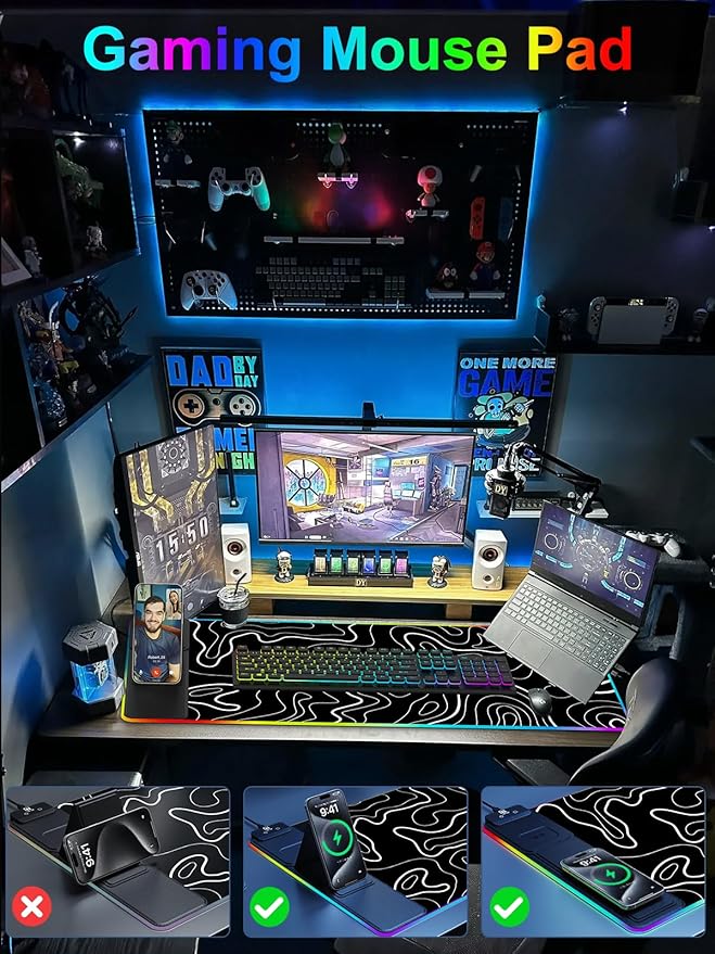 XXL Mouse Pad with Phone Holder, RGB Desk Mat with 15W Fast Charging, LED Large Gaming Mouse Pad with 11 Lights Colors, Long Mouse Pads for Desk, Waterproof Non-Slip Gaming Pad for Gamer Esports Pros