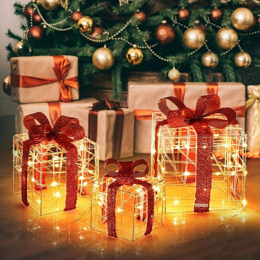 Tangkula Set of 3 Christmas Lighted Gift Boxes, Christmas Box Decorations with 60 LED Lights, Small Medium and Large Presents Boxes with Waterproof Plug, Suitable for Indoor and Outdoor