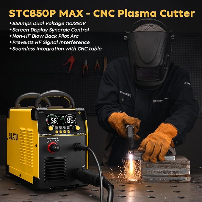 SILATU CNC Plasma Cutter Machine, 85Amp Blow Back Pilot Arc Air Sensor Technology, Large Screen Display,110V/220V Dual Voltage Non-Touch CNC Plasma Cutting Machine, 1 Inch Cutting Thickness
