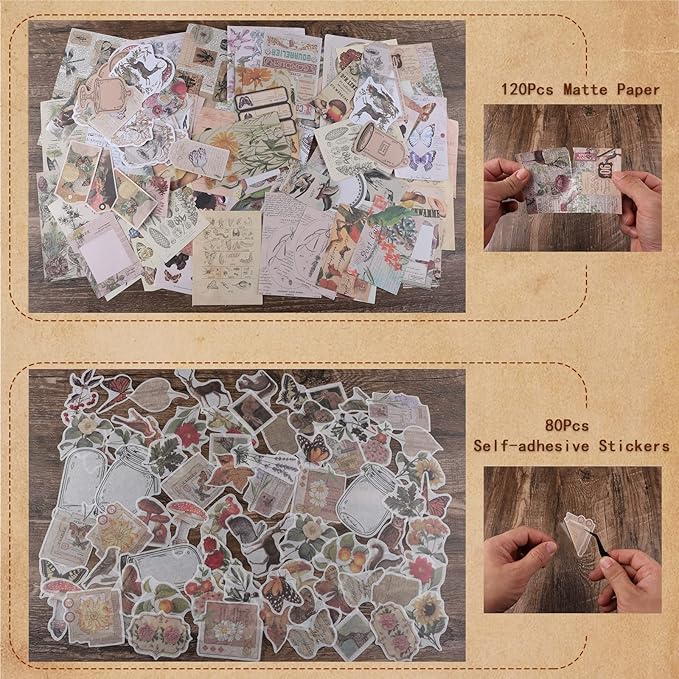 200Pcs Vintage Scrapbook Stickers, Aesthetic Junk Journal Stamping Supplies Kit, Scrapbooking Ephemera Washi Paper for Bullet Journaling Planners Diary Collage