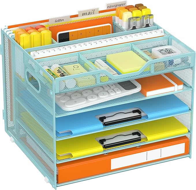 Docnest 5 Tier Letter Tray with Hanging File Organizer-Mesh Desk Organizer-Desktop Storage Box Built in Pen Holder and Handles, File Folder Holder for Mail Documents Office Supplies-Blue