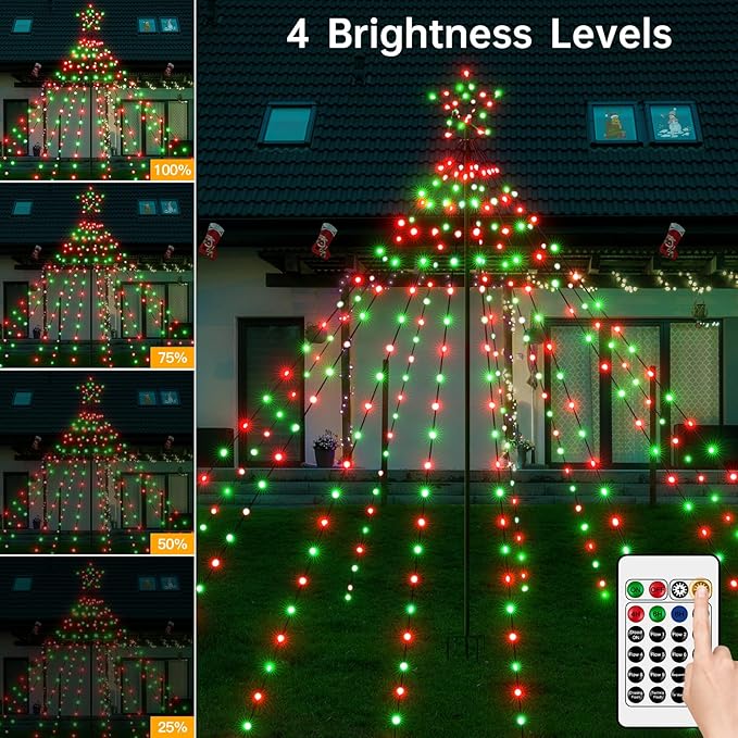 Christmas Lights Tree 340LED with Topper Star, IP67 Waterproof Remote Control Waterfall Lights with Pole, 16 Modes 3 Timers Dimmable Christmas Decorations for Outdoor Yard (Red&Green)