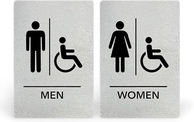 Promot Men and Women Handicap Restroom Sign – ADA Braille Bathroom Sign for Business, Self-Adhesive, 9" x 6", Commercial Door Signage, Office Wall Decor - Brushed Steel