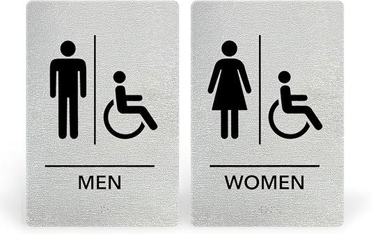 Promot Men and Women Handicap Restroom Sign – ADA Braille Bathroom Sign for Business, Self-Adhesive, 9" x 6", Commercial Door Signage, Office Wall Decor - Brushed Steel
