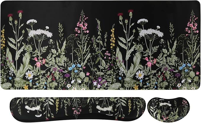 iCasso Large Mouse pad for Desk, Computer Desk Mat, 3Pcs XXL Keyboard and Mouse Pad + Keyboard Wrist Rest, Desk Matt for Desktop, Easy Typing Pain Relief Ultra Thick Mousepad Keyboard Mat(Weeds)