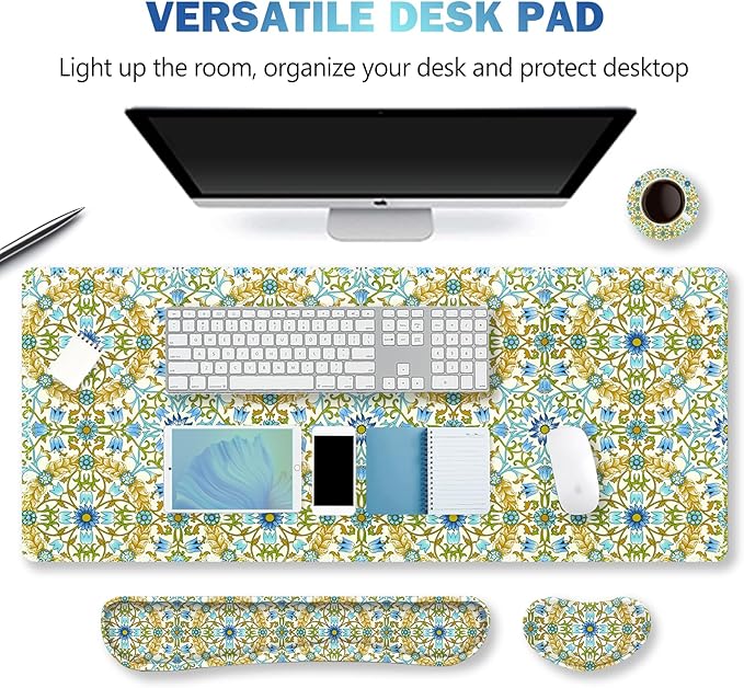 ARTSO Large Gaming Mouse Pad with Wrist Rest Wrist Support, Ergonomic Keyboard Mat Wrist Rest Desk Pad, Home Office Desk Accessories Decor Supplies, Blue Green Bohe Flower Plant