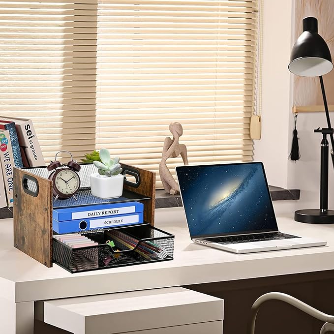 Wood Desk Organizer - 3-Tier Desktop File Organizer with Drawer, Wooden Paper Tray, Office Desk Organzier and Accessories for Papers, Mail, Notebooks, Stationery