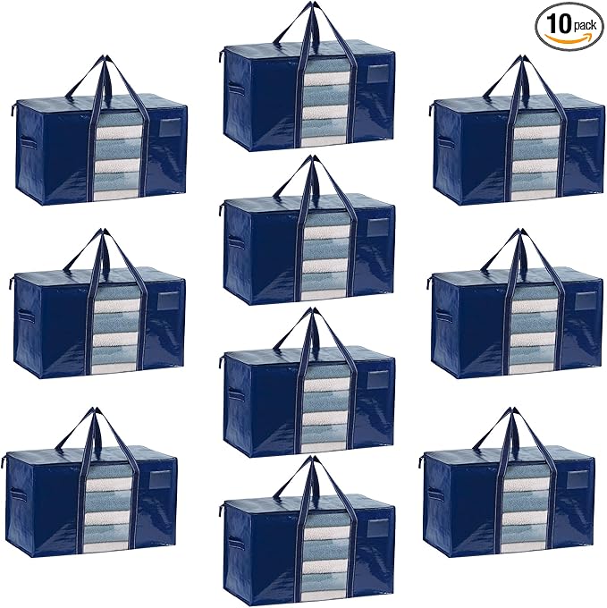 VENO 10 Pack Moving Bags, Moving Supplies, Moving Boxes, College Packing Storage Boxes with Lids Alternative, Dorm Space Saving Foldable Heavy-Duty Large Tote with Window, Zipper (Blue, 10 Pack)