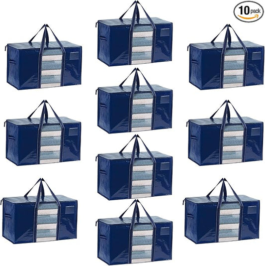 VENO 10 Pack Moving Bags, Moving Supplies, Moving Boxes, College Packing Storage Boxes with Lids Alternative, Dorm Space Saving Foldable Heavy-Duty Large Tote with Window, Zipper (Blue, 10 Pack)