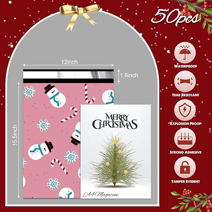 Christmas Poly Mailer 12x15.5 Inch 50 Pcs, Waterproof Shipping Bags for Clothing, Tear-Resistant Mailier, Strong Mailing With Self-Seal - Snowmen Printed