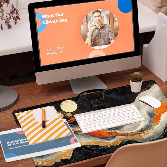 Large Gaming Mouse Pad, Orange Golden Waves Desk Mat, Abstract Art Painting Desk Pad, 31.5"x15.7" Extended Big Computer Keyboard Mouse Pad with Non-Slip Base and Stitched Edge