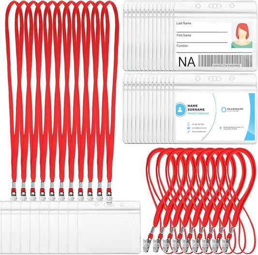 Marspark 50 Sets Clear Name Tags with Lanyard, Lanyards for ID Badges Reusable Strap with ID Holder Plastic Name Badges for Adults Business School Church Conference (Red)